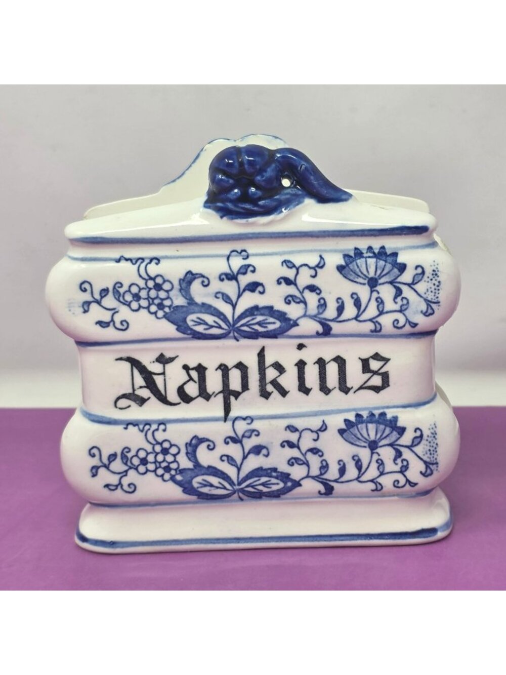 Vintage Ceramic Blue White Napkin Holder Floral Design Blue Onion Tabletop Decor